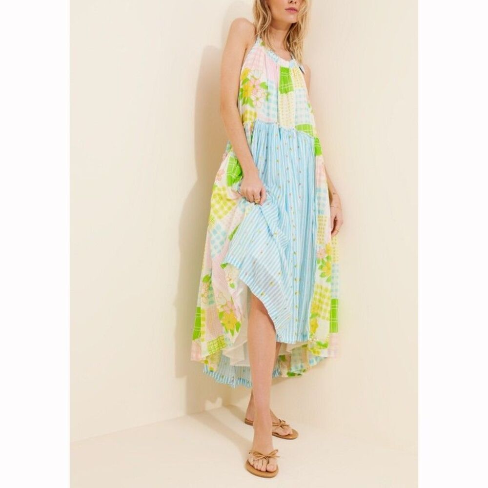 Free People Patched And Pretty Midi Dress Print Embroidered Halter Neck S 284004